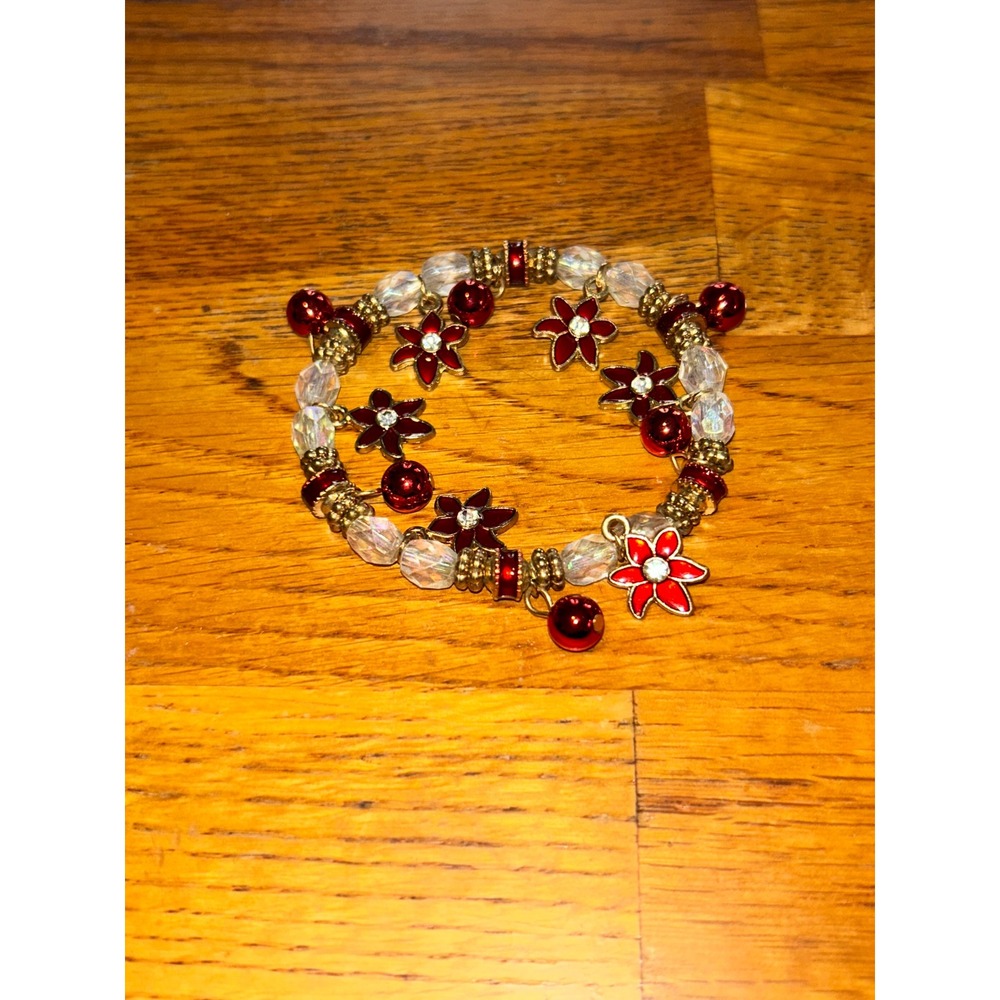 Red Gold Enamel Flower Beaded Stretch Bracelet Holiday Floral Charm Jewelry
